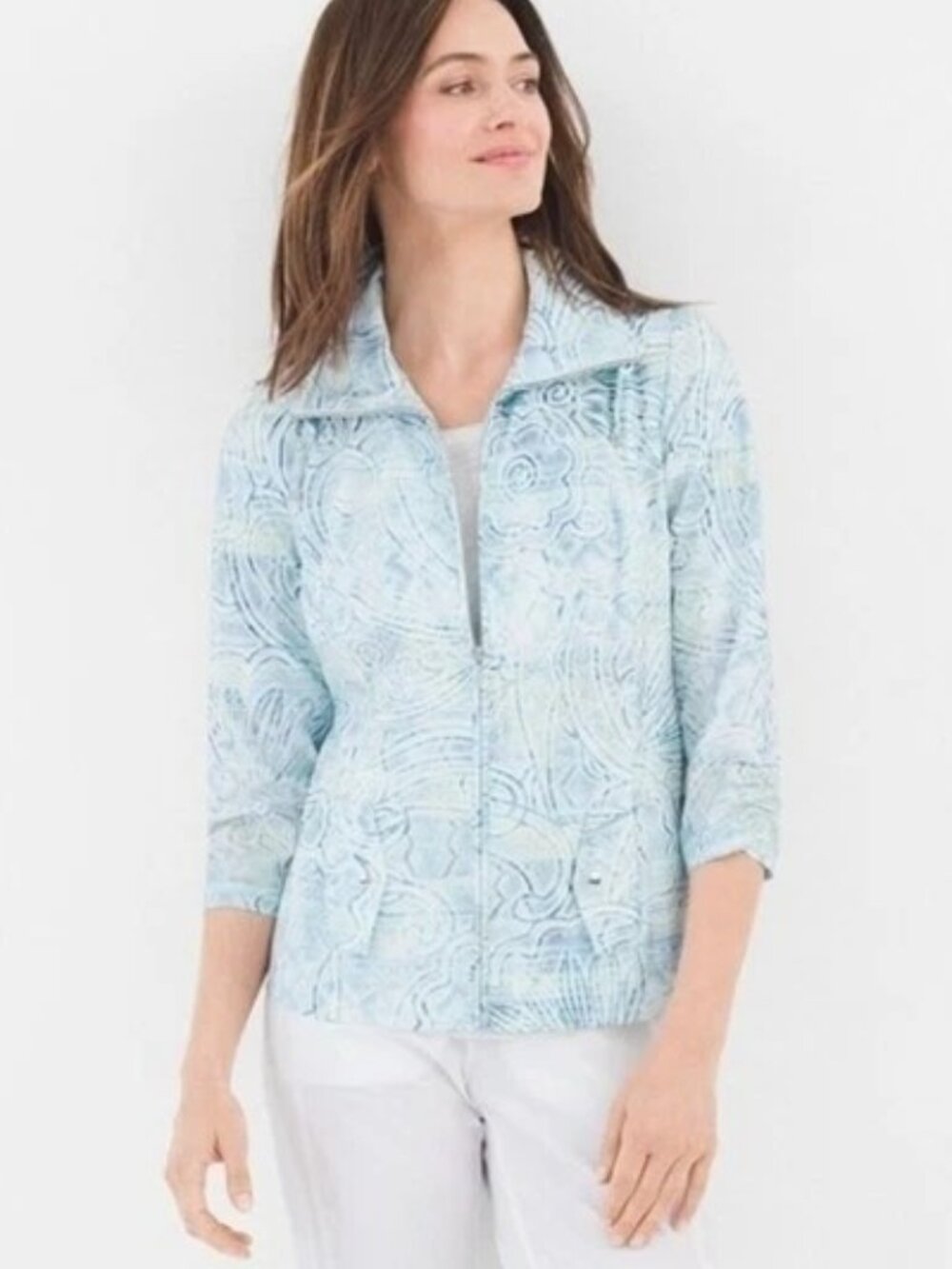 NWT Chicos Zenergy Sz 2 Large Blue Aqua 3/4 Slv Neema Sunwash Print Zip Jacket